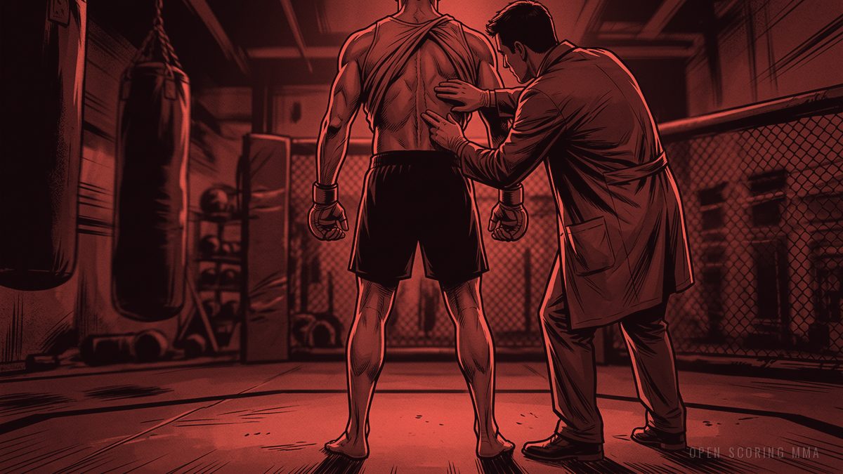 Illustration: a fighter's back as a doctor examines a spinal scar