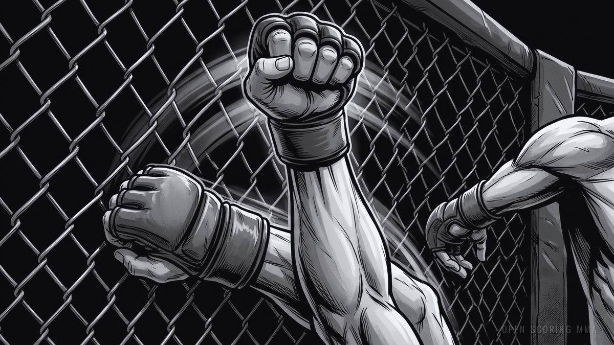 Illustration: two fighters in a cage, one with an arm raised in victory, the other dejected