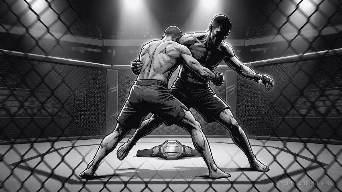 Illustration: an empty octagon under harsh spotlights, a title belt on the canvas