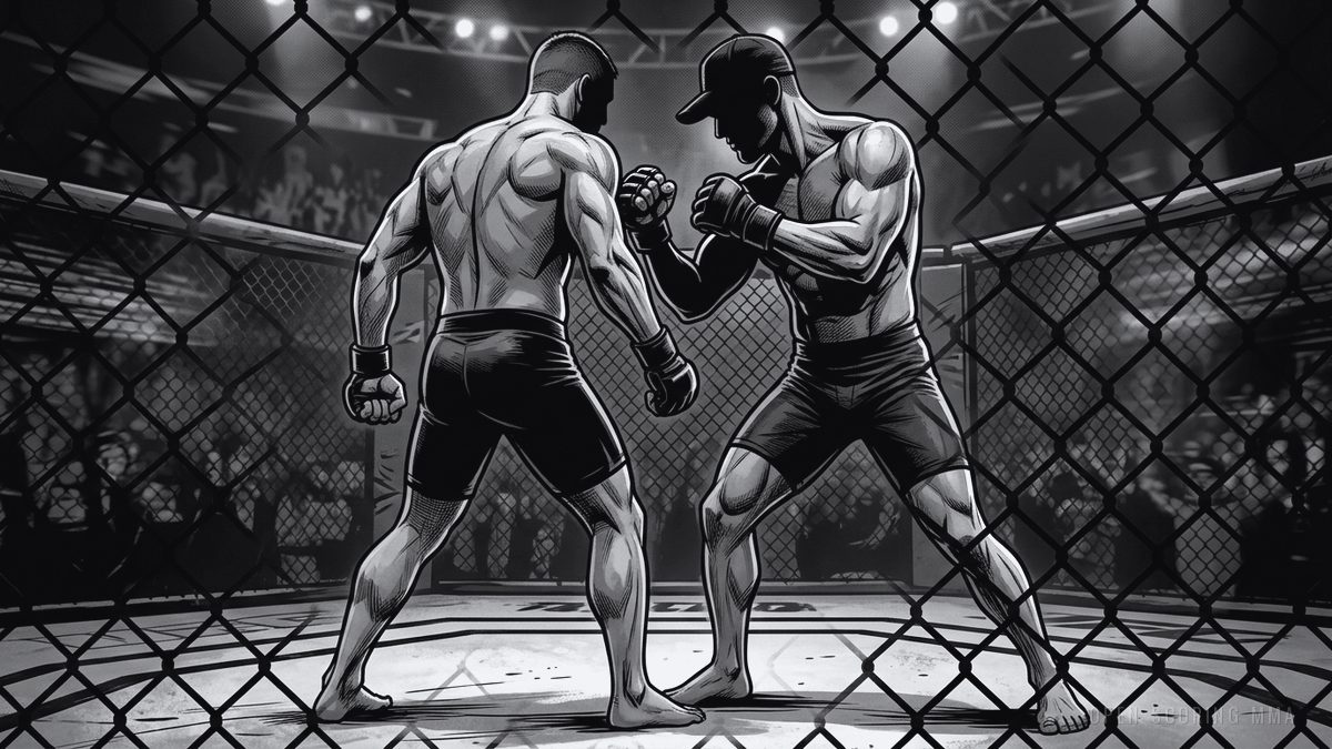 Illustration: two fighters in a staredown, chests nearly touching, fists clenched