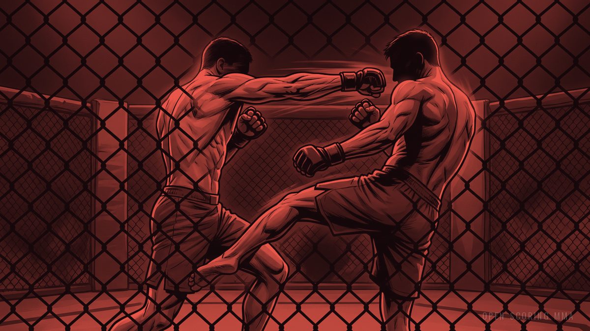 Illustration: two fighters exchange strikes in the center of an octagon
