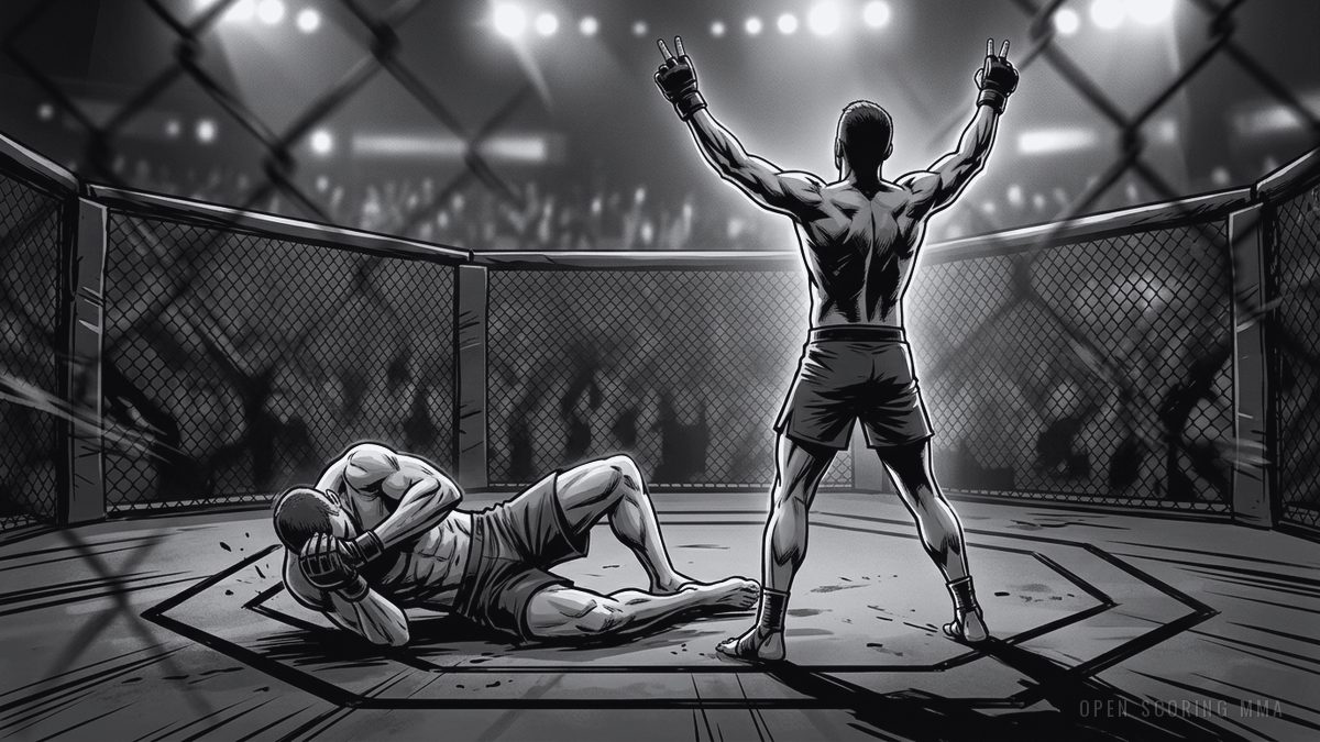 Illustration: one fighter stands over another who is on the canvas, arms raised in victory