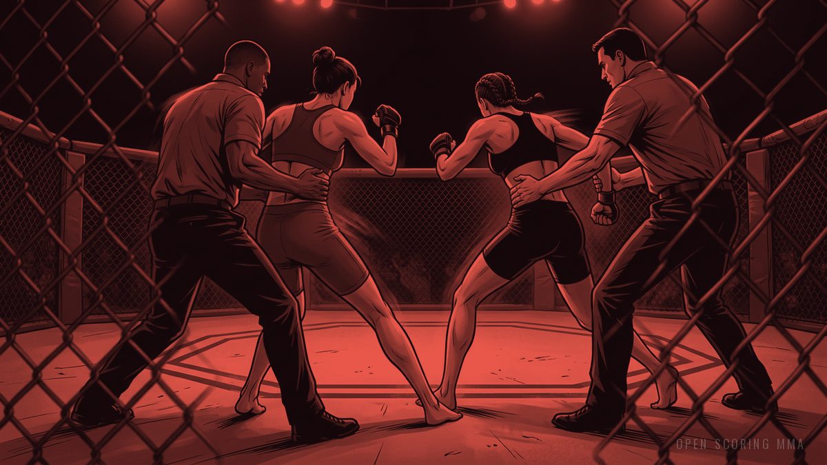 Illustration: two fighters being restrained by security personnel in the center of an octagon