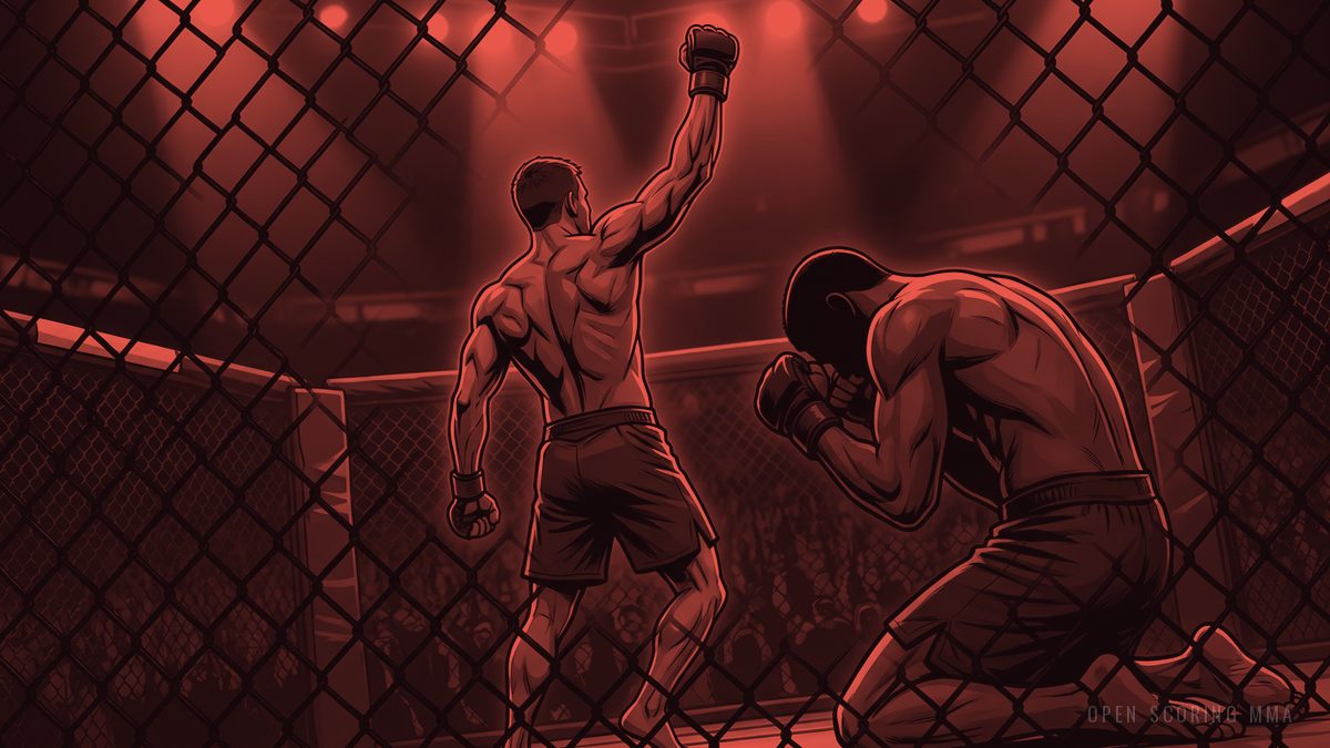 Illustration: two shirtless fighters in a boxing a fighter, one with his arm raised in victory