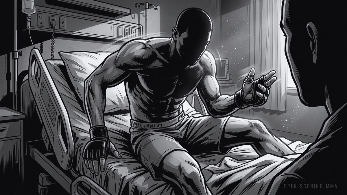 Illustration: a fighter in a hospital bed, talking to an unseen person
