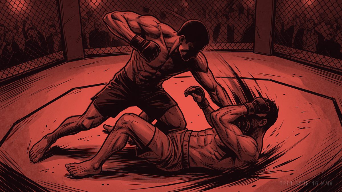 Illustration: a fighter in a dominant ground and pound position, landing strikes