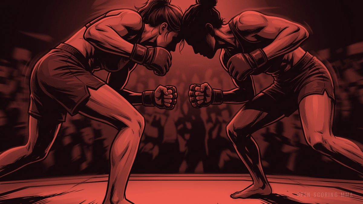 Illustration: two fighters stand face to face, foreheads nearly touching, at a weigh-in