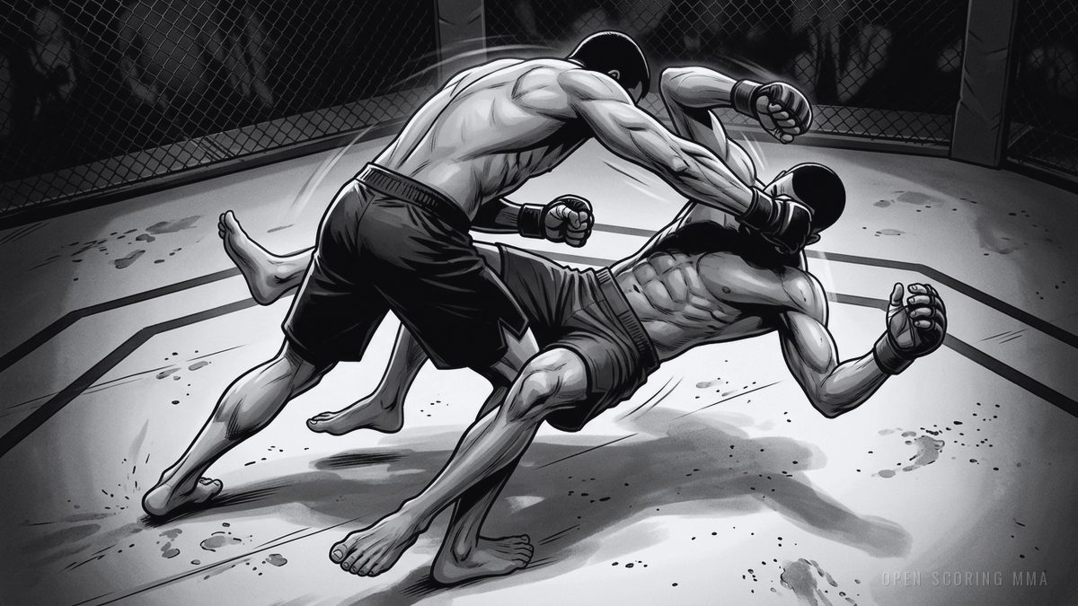 Illustration: a fighter slams another fighter to the canvas, mid-air