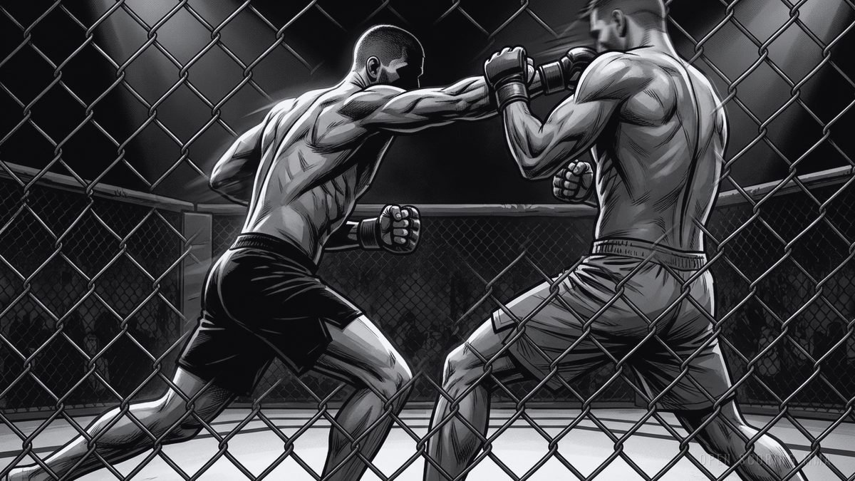 Illustration: two fighters in striking stance, one lunging forward