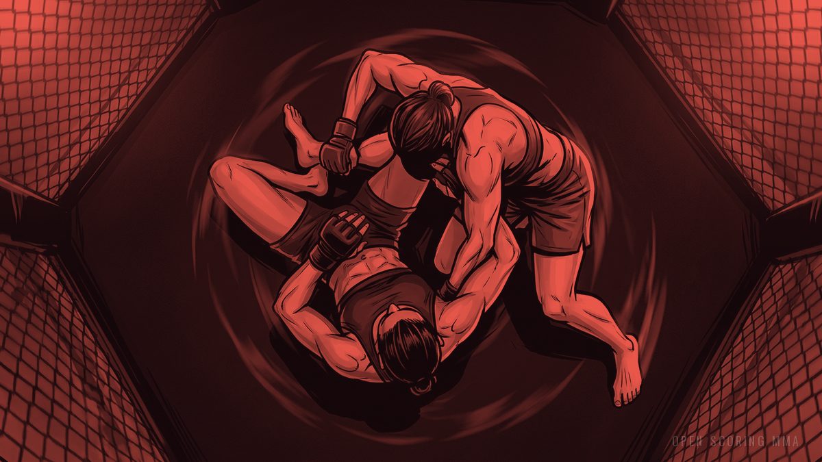 Illustration: two fighters grappling intensely in the center of an empty cage