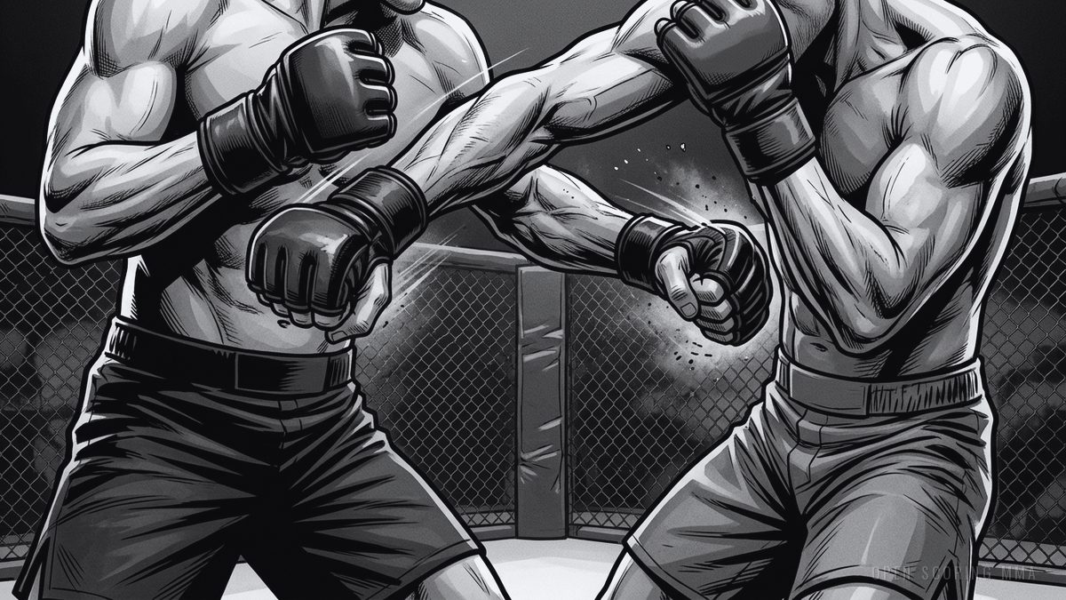 Illustration: two fighters in opposing stances, one with arms raised, the other coiled low