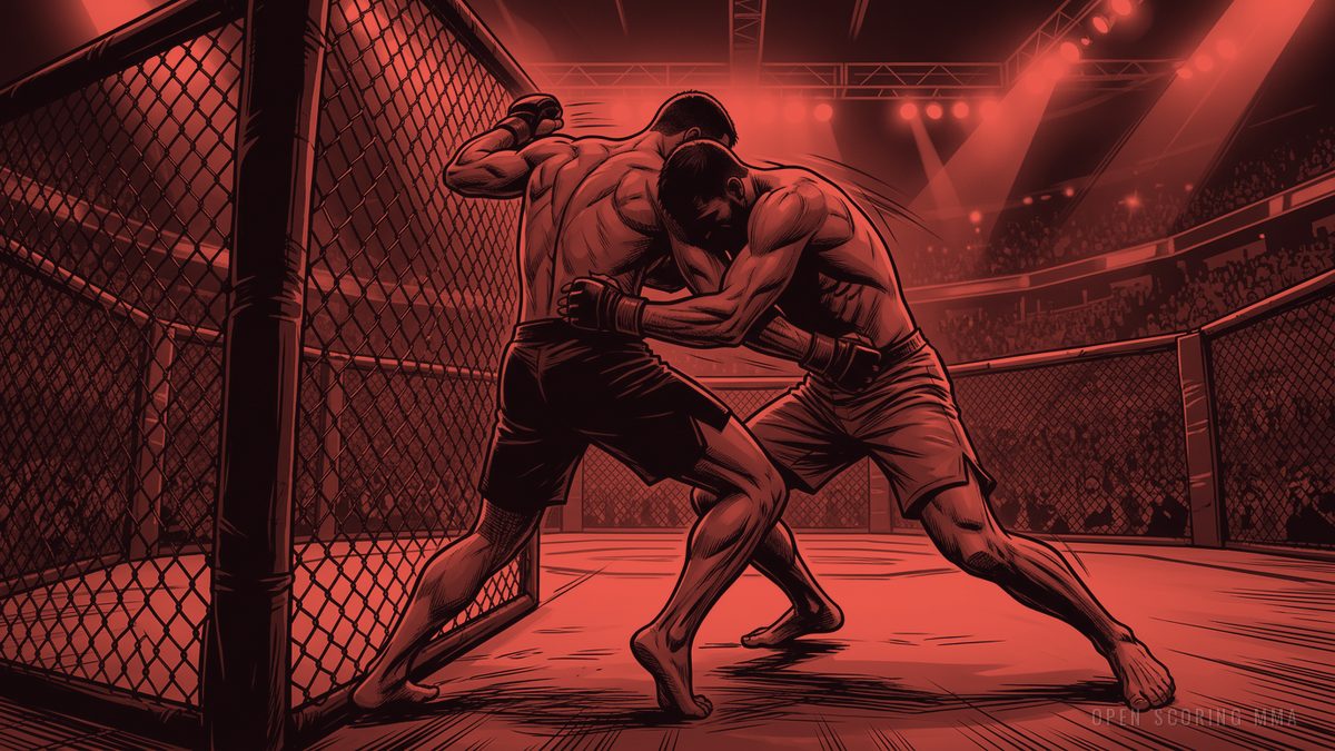 Illustration: two fighters grappling intensely near the cage wall