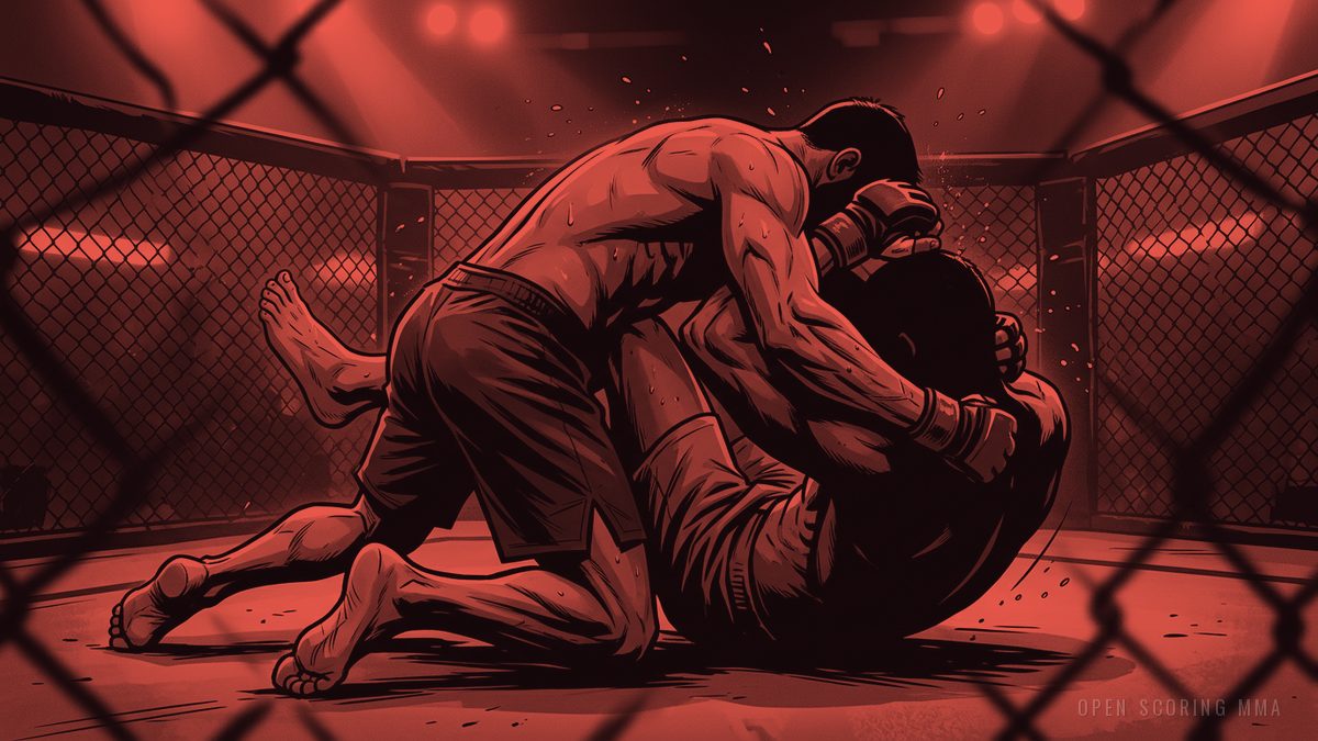 Illustration: two fighters grappling intensely on the canvas, sweat flying
