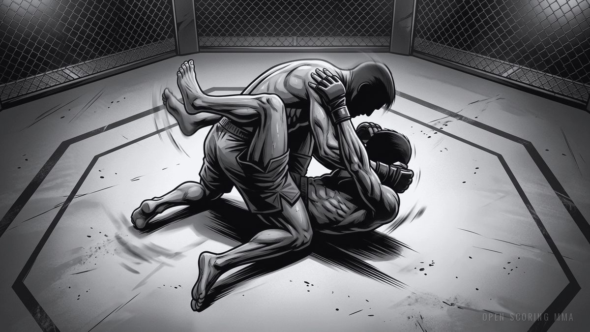 Illustration: two fighters grappling intensely in the center of an empty cage