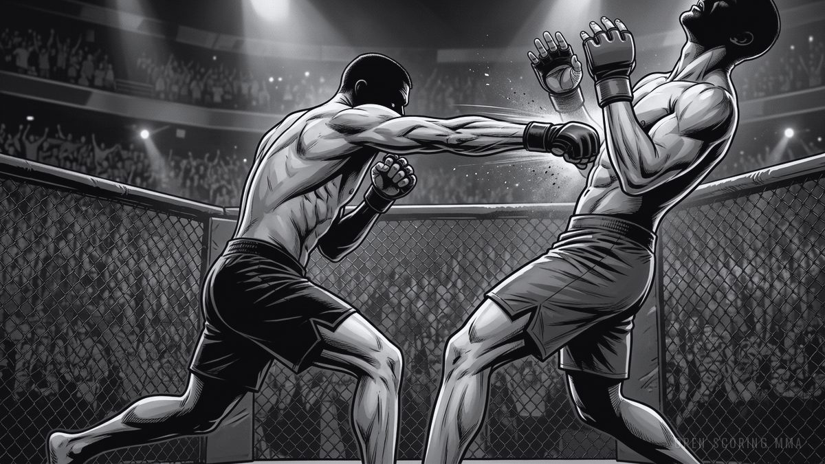 Illustration: a fighter throwing a powerful punch, the opponent recoiling