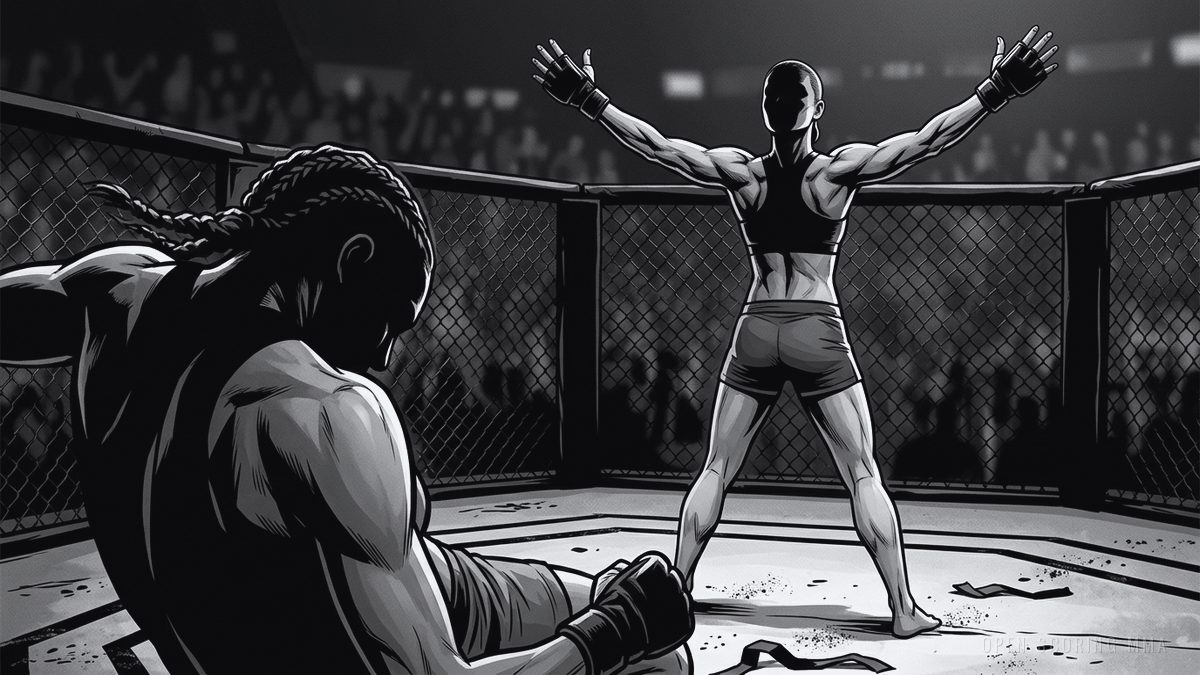 Illustration: a fighter standing victorious, arms raised, in an empty octagon