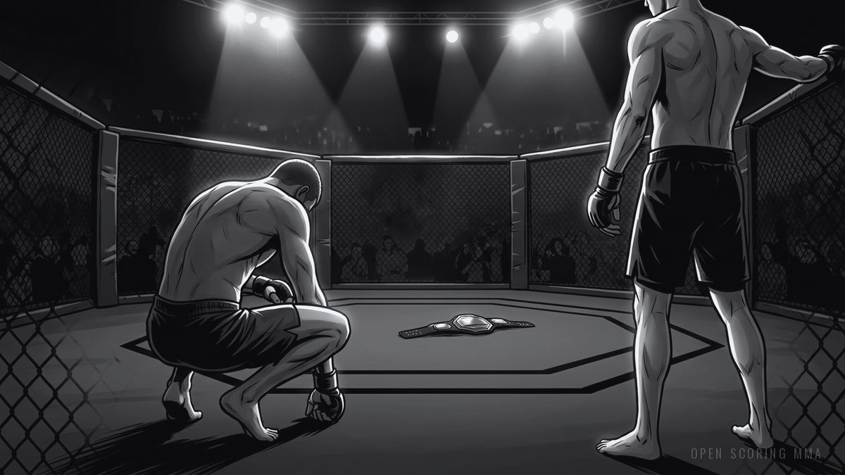 Illustration: an empty octagon under harsh spotlights, a title belt on the canvas