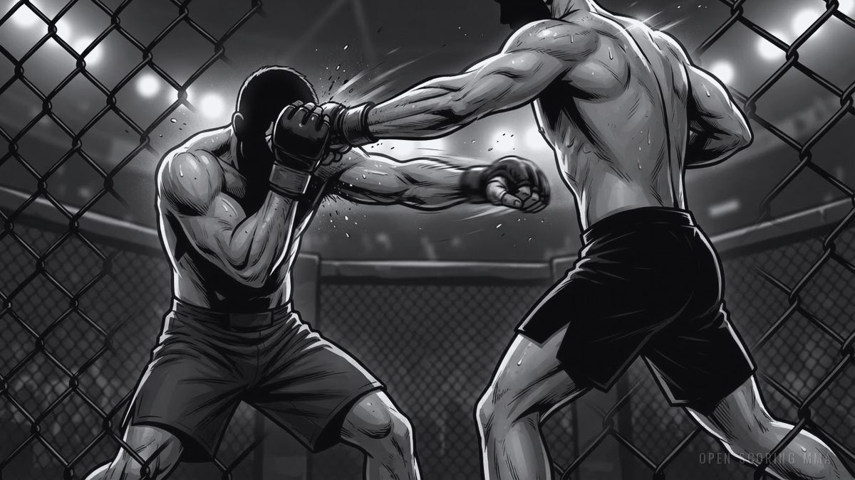 Illustration: a fighter in a defensive stance, the other advancing